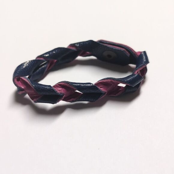 87 Navy Blue and Pink Twisted Leather Cuff Bracelet with Snap Button‎ - Picture 1 of 5